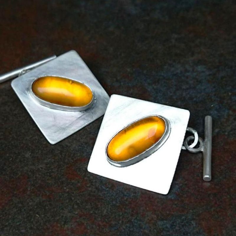 Handmade sterling silver amber bezel set cufflinks